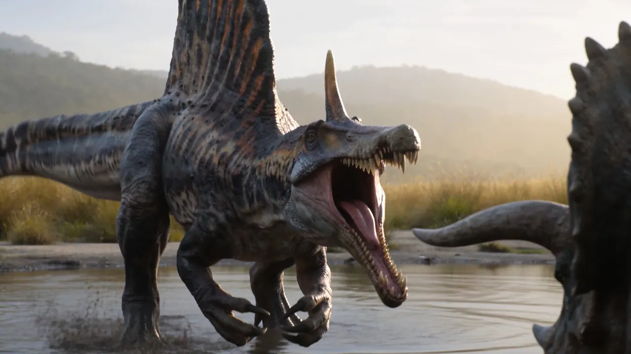 Spinosaurus confronting another dinosaur in a prehistoric wetland